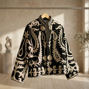 Veste en velours noir brodée de fleurs pour femme, style bohème, manteau ethnique d'hiver à col montant et manches longues, vente en gros - Product Image 1