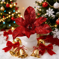 Nouvelle branche de fleur de Noël artificielle, fausse fleur avec accents de paillettes dorées, couronne de Noël en plastique, décoration pour arbre de Noël