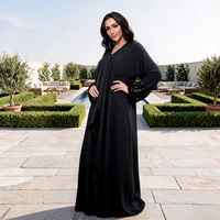 Abaya musulmane noire de luxe personnalisée pour femme, en polyester, élégante, avec poignets à sequins et panneau à volants, ouverte, modeste, pour l'automne, vente en gros à Dubaï, faible MOQ