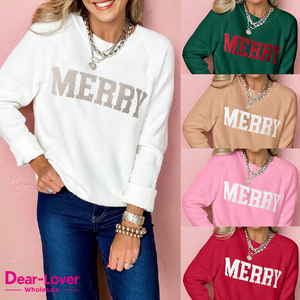 Dear-Lover <span class=keywords><strong>Pull</strong></span> Tricoté pour Femme en Gros Style Boutique <span class=keywords><strong>Chic</strong></span> et Décontracté à Manches Raglan avec Motif à Inscription 'Merry' pour Noël - Product Image 2