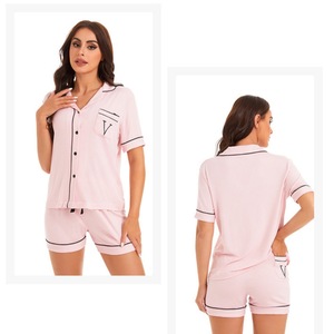 Conjunto de pantalones cortos de manga corta informales de verano <span class=keywords><strong>para</strong></span> <span class=keywords><strong>mujer</strong></span> <span class=keywords><strong>para</strong></span> explosiones de <span class=keywords><strong>Amazon</strong></span>, pijama fino Modal, cintura elástica, ropa de casa de Color sólido - Product Image 5