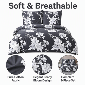 ชุดเครื่องนอนผ้าฝ้ายลายดอกโบตั๋นสีขาวชาร์โคล แบรนด์ Poland Stock Elegant Peony Bloom สำหรับขายส่งและดรอปชิปปิ้งในยุโรป 3 ชิ้น - Product Image 2