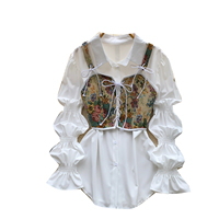 Ensemble de chemisiers à manches bouffantes en jacquard romantique français pour femmes, tenues décontractées à manches longues en deux pièces pour l'automne