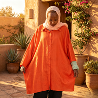 Chemise longue ample en lin orange, entièrement boutonnée, à manches chauve-souris, en tissu uni, élégante, formelle, respirante, pour femmes musulmanes, usage quotidien