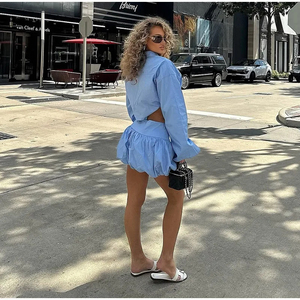 <span class=keywords><strong>Ensemble</strong></span> de jupes décontractées pour femmes, col à revers bleu, taille dénudée, taille basse, manches longues, <span class=keywords><strong>chic</strong></span>, collection été 2025 - Product Image 4