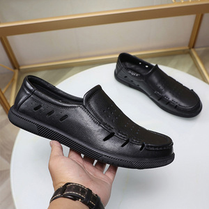 Mocassins en cuir véritable à bout rond, noirs, respirants, chaussures décontractées pour hommes, été, semelle extérieure en caoutchouc, semelle intermédiaire en EVA - Product Image 2