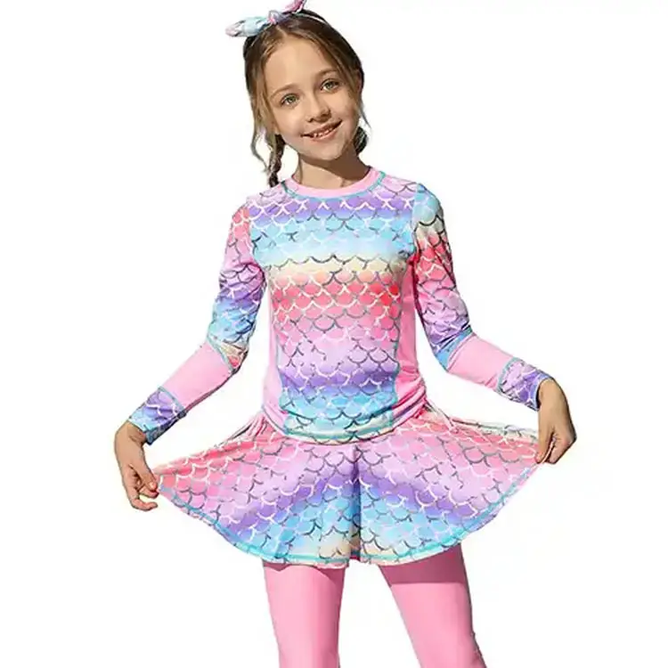 Strand Badmode Voor Kinderen Meisje Lange Mouw Badpak Rash Guard Set 3 Stuk Badmode Pak Uv Beschermende Kinderen Badpakken