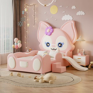 Lit de princesse moderne <span class=keywords><strong>en</strong></span> forme de château, rose pâle, lapin de dessin animé, cadre <span class=keywords><strong>en</strong></span> <span class=keywords><strong>bois</strong></span> créatif, rangement, garde-corps, revêtement <span class=keywords><strong>en</strong></span> cuir pour enfants - Product Image 5
