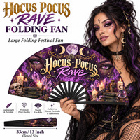 Éventail pliant promotionnel Hocus Pocus 33 cm en bambou et plastique imprimé, pour célébrations d'Halloween, éventail de luxe