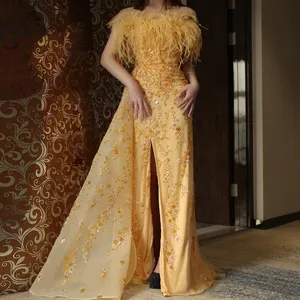 Luxury Feather Yellow Gold Evening Dress With Overskirt Slit Elegant Strapless Women Wedding Prom Party Gowns Sz442-2