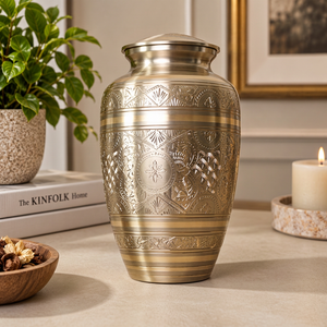 Geometric Engraved Metal Urn with Heritage Pattern Design Silver Gold Finish Decorative <b>Memorial</b> <b>Vase</b> with Lid - Product Image 1