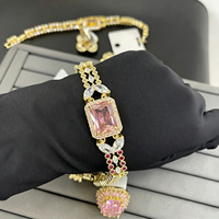 TIANSHE Ensemble de bijoux de luxe de style euro-américain, boucles d'oreilles carrées roses, bracelets et bague, 3 pièces pour femmes