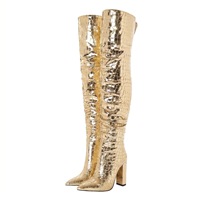 Bottes pour femmes en cuir argenté imprimé, au-dessus du genou, fabrication exquise, personnalisables, talon bloc, chaussures de soirée scintillantes