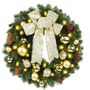 Hausse Lighted Christmas Wreath Metal Hanger Pre-lit Large Golden Bow Pine Cones Battery Operated 40 LEDs Front Party