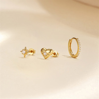 Boucles d'oreilles trois pièces style Ins, luxe léger, en argent sterling S925, avec cœurs, étoiles et lune.