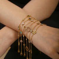 PVD Gold Plated Rolo Chain Women Bracelet, 5-Petal Flower & Hollow Ring CZ Charms Daily Elegant Wrist Jewelry Bulk Wholesale