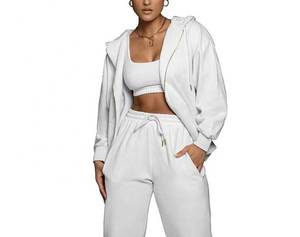 Crop ritsleting katun Hoodie pelari Set penuh Zip up Hoodies Sweatpants 2 dua potong Set wanita pakaian Hoodie dan pelari Set