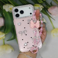 Coque de téléphone scintillante 3D avec strass, nœud et perles en forme de cœur pour iPhone 11 12 13 14 15 16 17 Pro Max, avec dragonne perlée mignonne pour filles