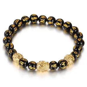 Offre Spéciale 9mm chanceux Noir Onyx Or Noir Bracelet Feng Shui Pour hommes Femmes