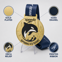 Médaille de sport personnalisée plaquée or, en alliage de zinc, avec ruban, motif orca, émail dur, pour compétition de natation, commémorative