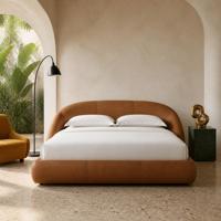 Maßgefertigtes Modernes Designer-Lederbett mit Gewölbtem Kopfteil Anpassbare Kopfteil-Länge und -Breite für Schlafzimmer