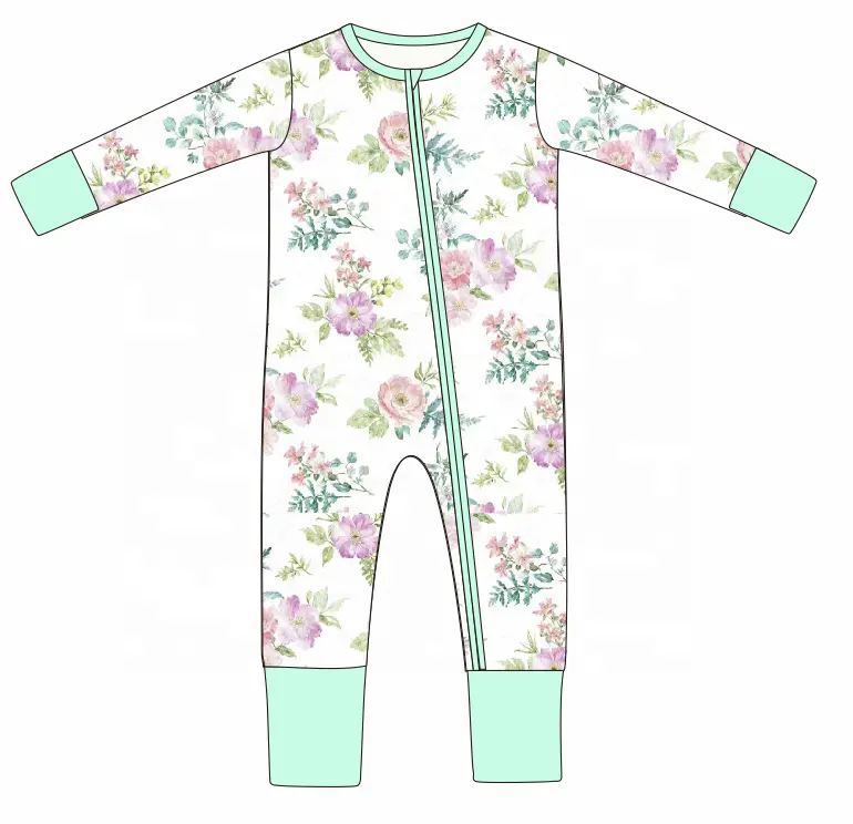 Nouveau personnalisé anti-bactérien fleurs 2 fermetures éclair 95% bambou + 5% Spandex bambou pyjamas infantile bébé vêtements pour 1-3 ans unisexe bébés