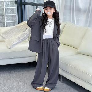 2025 thời trang trẻ em thiếu niên cô gái mùa xuân rắn kaki blazer + quần tối màu xám thời trang Blazer Set 5-15 năm - Product Image 3