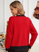 Pull de Noël en tricot rouge pour femme, motif cheminée et guirlandes, col rond, manches longues, vente en gros