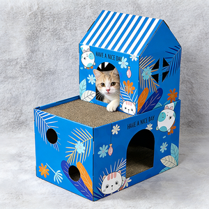 Grosir Langsung Pabrik, Villa Kucing 2 Tingkat Cetak Motif Tanaman Tropis Custom, Bahan Kertas Bergelombang, Produk Terlaris Ekspor - Product Image 1