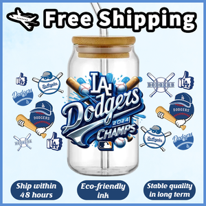 Free Shipping Wholesale LA Dodgers Inspired Champs Baseball UV DTF Cup <b>Wraps</b> for 16oz Libby Glass Can 3D No Heat Waterproof - Product Image 1