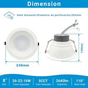 Downlight encastré en aluminium <span class=keywords><strong>pour</strong></span> intérieur, 8 pouces, 26W-22W-16W, CRI80+, IP54, LED commerciale, 110 ° Angle de faisceau 5CCT - Product Image 2