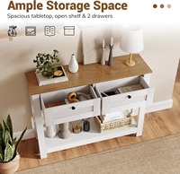 Table console d'entrée de style rustique blanc de luxe en bois avec 2 tiroirs, étagère ouverte, anti-bascule