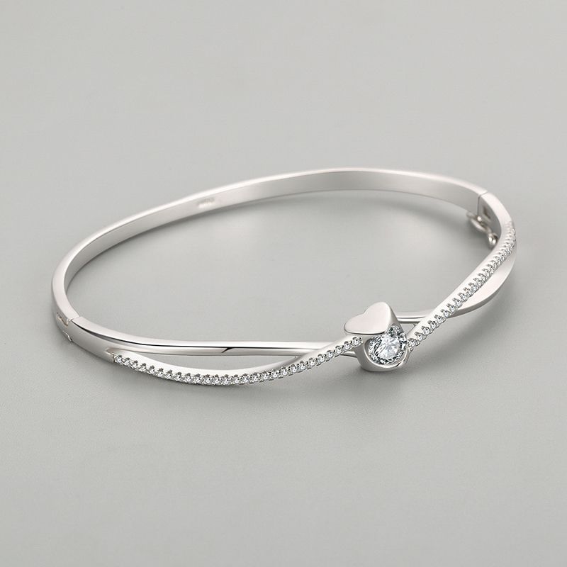 925 Sterling Silver Bangle - Double Layer Cross Heart