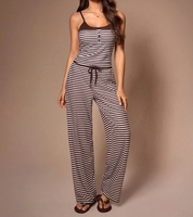 Pyjama décontracté rayé pour femme, ensemble deux pièces style caraco, vêtements de nuit et d'intérieur personnalisables, ODM