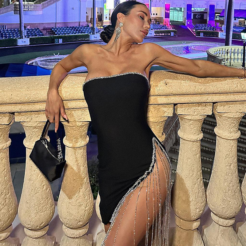 Elegant Black Tube Top Bodycon Mini Dress with Tassels - Perfect for Summer  Parties and Evening Events