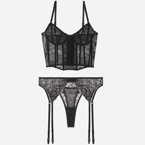Ensemble de lingerie corset en dentelle rouge transparente pour femme, avec soutien-gorge à armatures, jarretières et 3 pièces boutonnées, respirant, confortable et sexy - Product Image 5