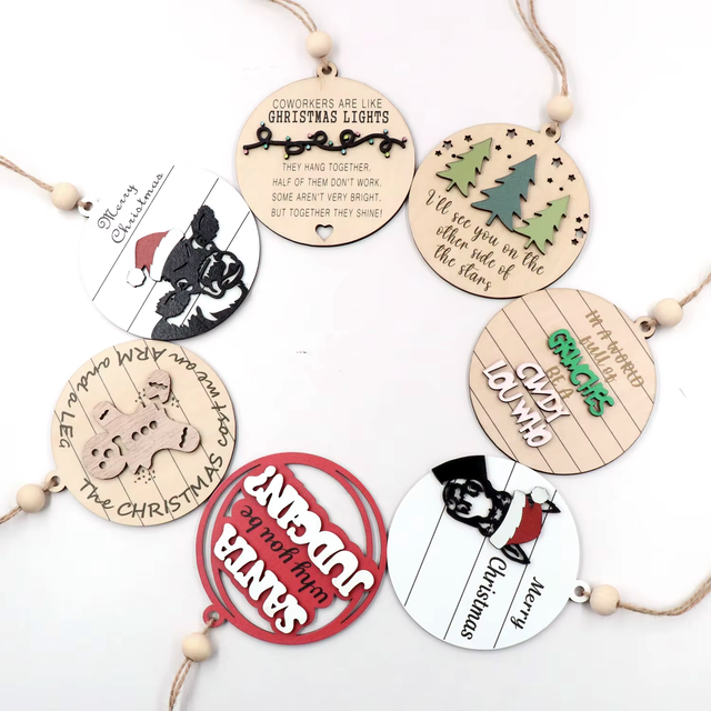 Christmas Tree Ornaments Wooden Laser Cut UV Printings Santa Gingerbread Cow Ball Decorations