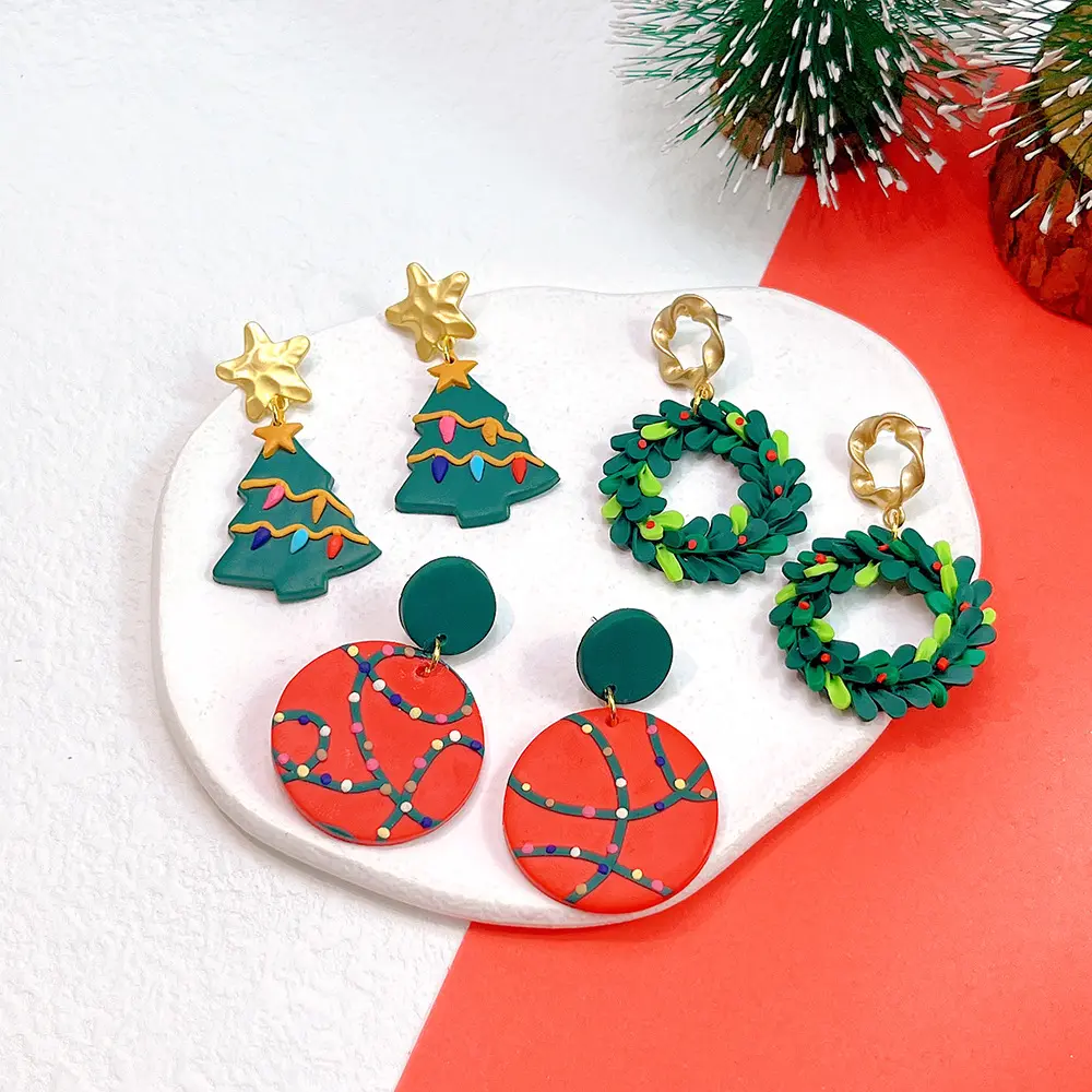 Christmas Jewelry Handmade Polymer Clay Christmas Tree Snowflake Snowman Earring For Women Girls