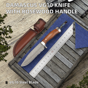 Cuchillo de Caza de Hoja Fija de Acero Damasco VG10 Hecho a Mano, Borde Dentado, Mango de Madera de Palisandro, Personalizable OEM para Cazadores Expertos - Product Image 2