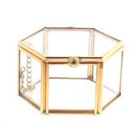 Boîte à alliances en verre transparent hexagonale de luxe avec logo personnalisé, organisateur de bijoux géométrique avec fermeture à bouton