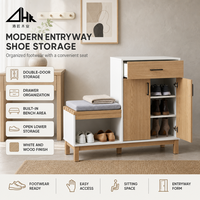 Moderno Mueble Zapatero Blanco y de Madera con Cajón, Puertas Dobles, Estantes y Banco para la Entrada