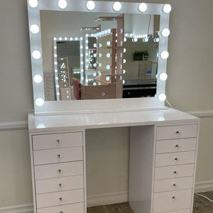 Tocador de Maquillaje Blanco Brillante <span class=keywords><strong>con</strong></span> Espejo de 16 Luces LED, <span class=keywords><strong>Cajones</strong></span> <span class=keywords><strong>con</strong></span> Perillas de Cristal y Gabinete Lateral de Almacenamiento <span class=keywords><strong>con</strong></span> Tapa de Cristal - Product Image 3