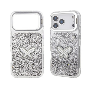 <span class=keywords><strong>Coque</strong></span> de téléphone 3-en-1 en résine papillon scintillante, ornée de perles et de diamants, avec cadre d'objectif et béquille pour <span class=keywords><strong>iPhone</strong></span> 15 16 17 - Product Image 5