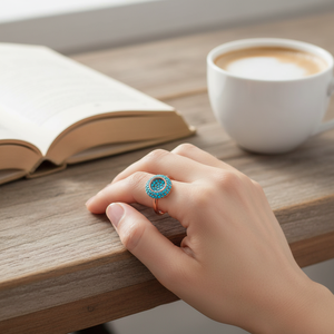 Minimalist Double Round Design <b>Turquoise</b> CZ Stone Wholesale Handcrafted 925 Sterling Silver Jewelry <b>Ring</b> - Product Image 3