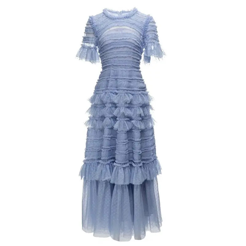 Ball Gown Party Evening Women Long Dress 2024 Summer Autumn Ladies Polka Dot Prints Cascading Ruffle Mesh Blue Pink Beige Dress