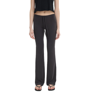 Wholesale Solid Color Knitted Low Waist Micro Flare Slim Casual <b>Pants</b> for Women Soft Stretch Knit Drawstring Lounge Trousers - Product Image 2