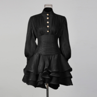 Robe haut de gamme style rétro Ramadan 2026 à sept couleurs, cintrée à la taille, col montant et boutons décoratifs