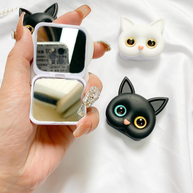 Original INS Style 3D Cute Cat Phone Grip Stand PC Material Portable Makeup Mirror with Strap Socket Selfie Ring Finger Holder