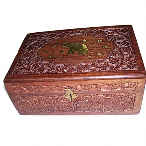 Caja de Madera Ecológica Tallada con Incrustaciones de Latón (10" X 6" X 4") Elegante y Hecha a Mano para Montar en la Pared, Ideal para Joyas, Adornos y Recuerdos - Product Image 1