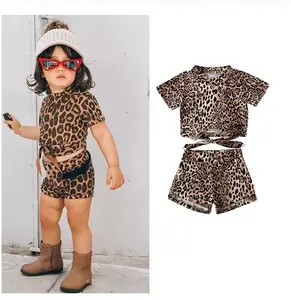 Set Pakaian Anak Perempuan 2 Set, Kaus Motif Macan Tutul + Celana Motif Macan Tutul Musim Panas 2020